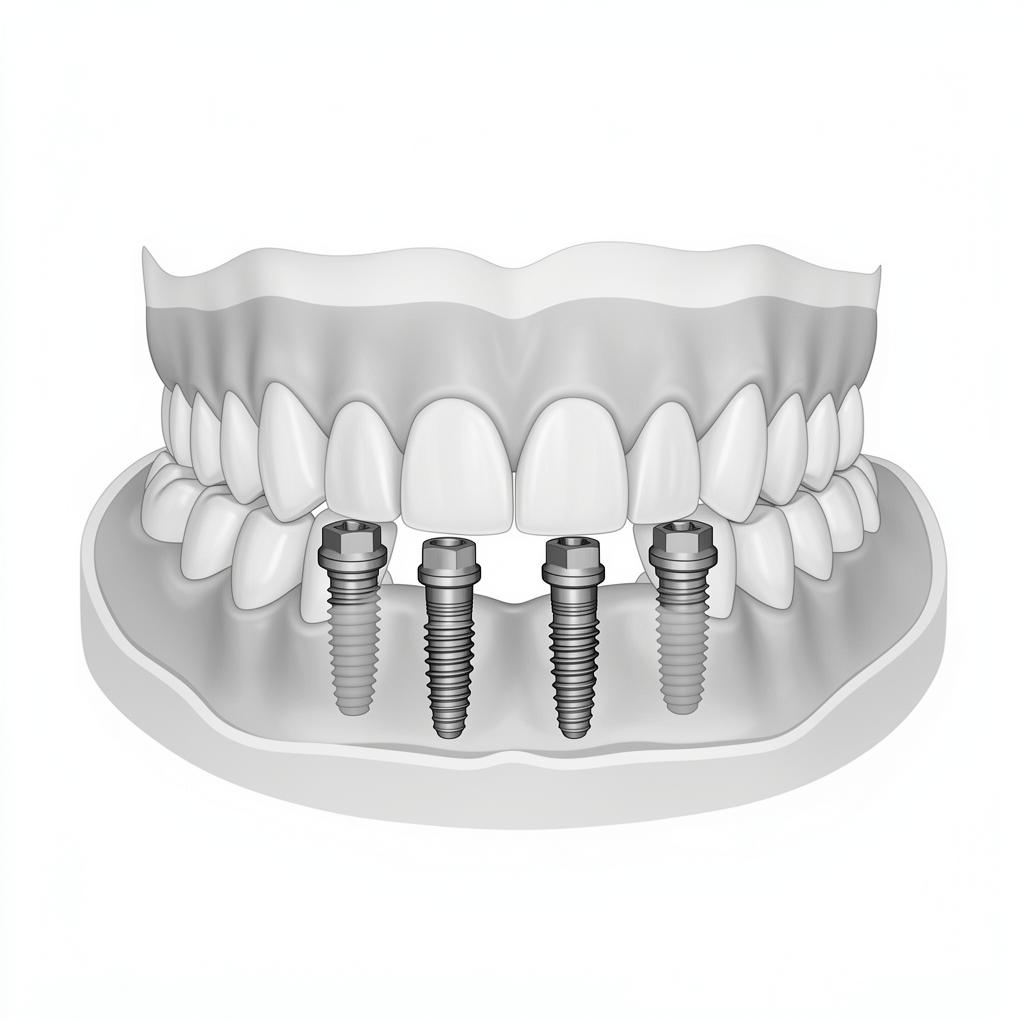 All-on-4 dental implant diagram showing four implants supporting a full arch